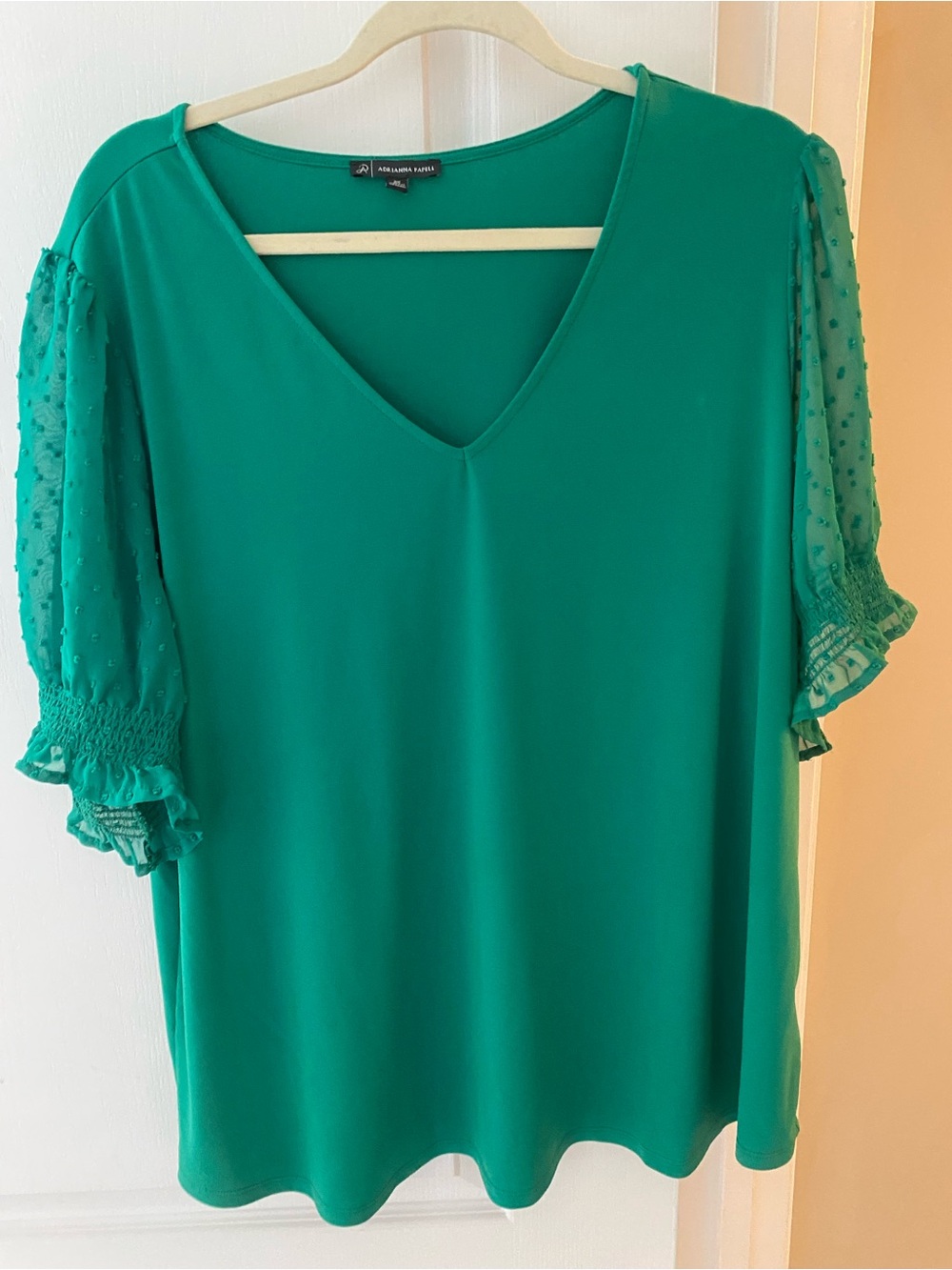 Adrianna Papell Teal Green V-Neck Blouse with Sheer Dotted Puff Sleeves